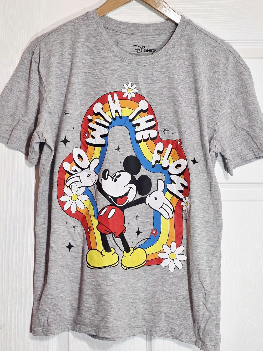 Disney Mickey Mouse Rainbow "Go With The Flow" Gray Shirt No Tag XXL